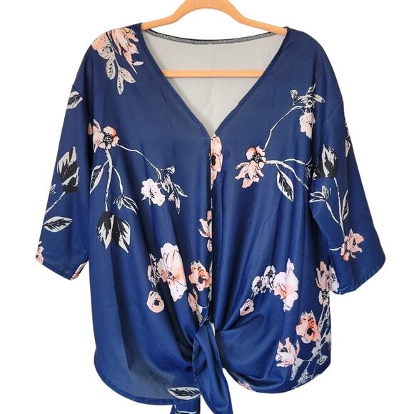 Source Unknown Tops - Floral Tie Front Loose Fitting Flowy Blouse Large